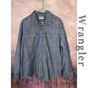 Wrangler Men’s Medium Wash Black Denim Pearl Snap LS shirt-size Large-EUC!!